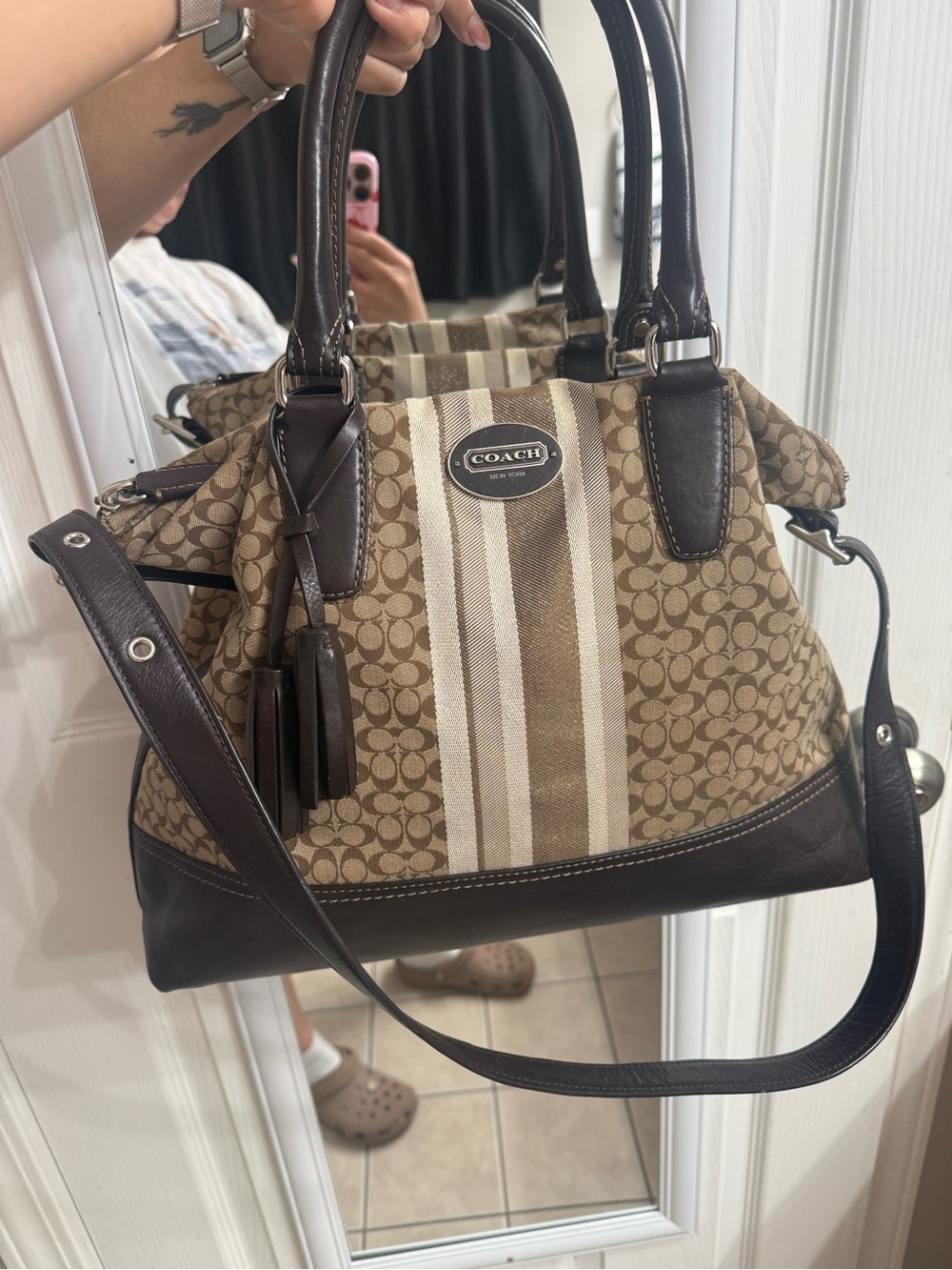 Coach Brown Signature Satchel with Striped Canvas Center